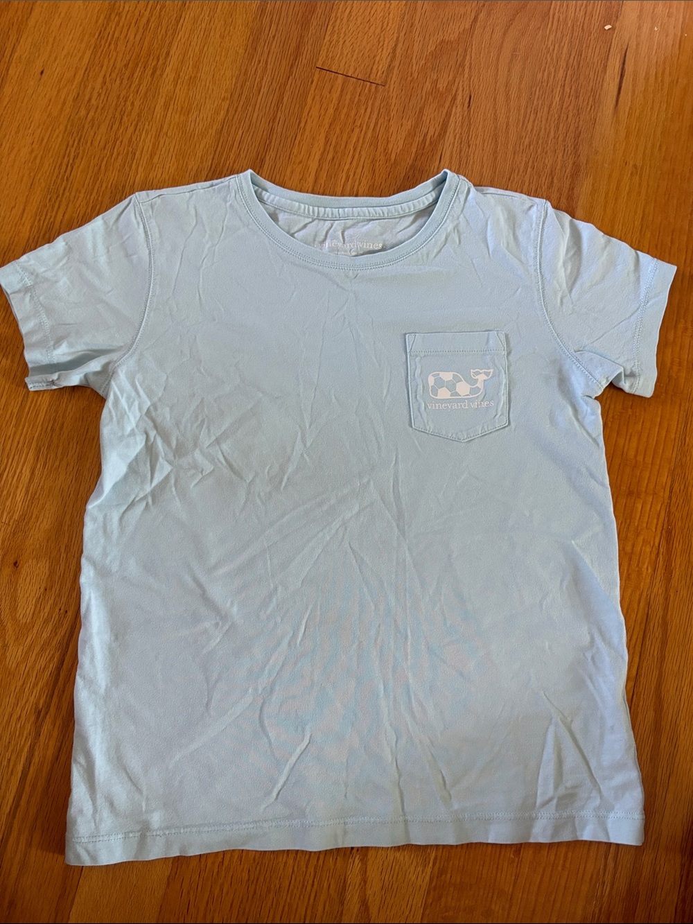 Vineyard Vines Kids Pale Blue Pocket Tee with Whale Soccer ball Logo. M 10-12